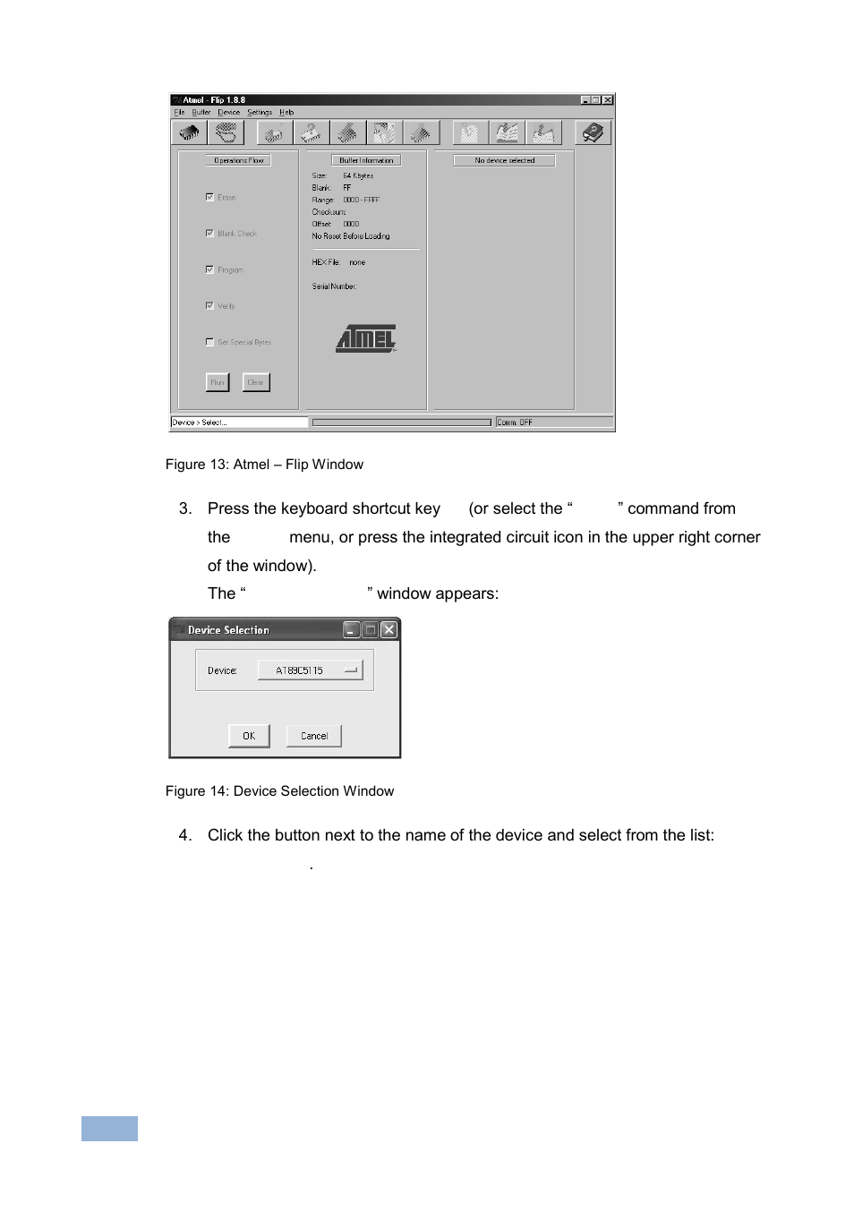 Figure 13: atmel – flip window, Figure 14: device selection window | Kramer Electronics VP-1608 User Manual | Page 30 / 46