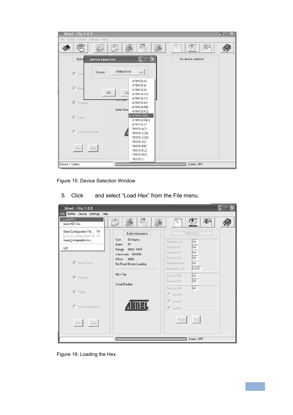 Figure 15: device selection window, Figure 16: loading the hex | Kramer Electronics VP-1608 User Manual | Page 31 / 46