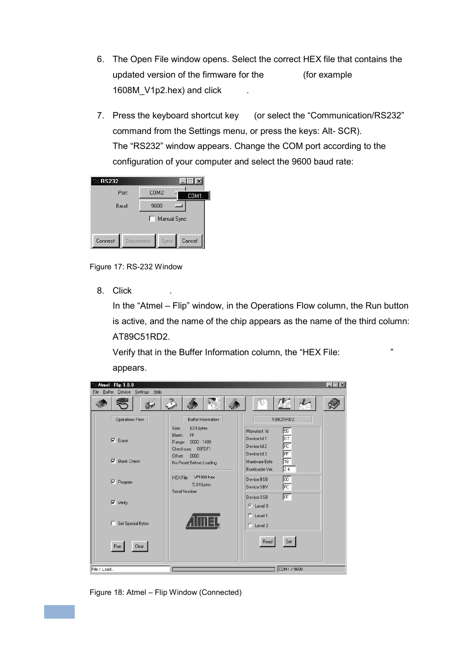 Figure 17: rs-232 window, Figure 18: atmel – flip window (connected) | Kramer Electronics VP-1608 User Manual | Page 32 / 46
