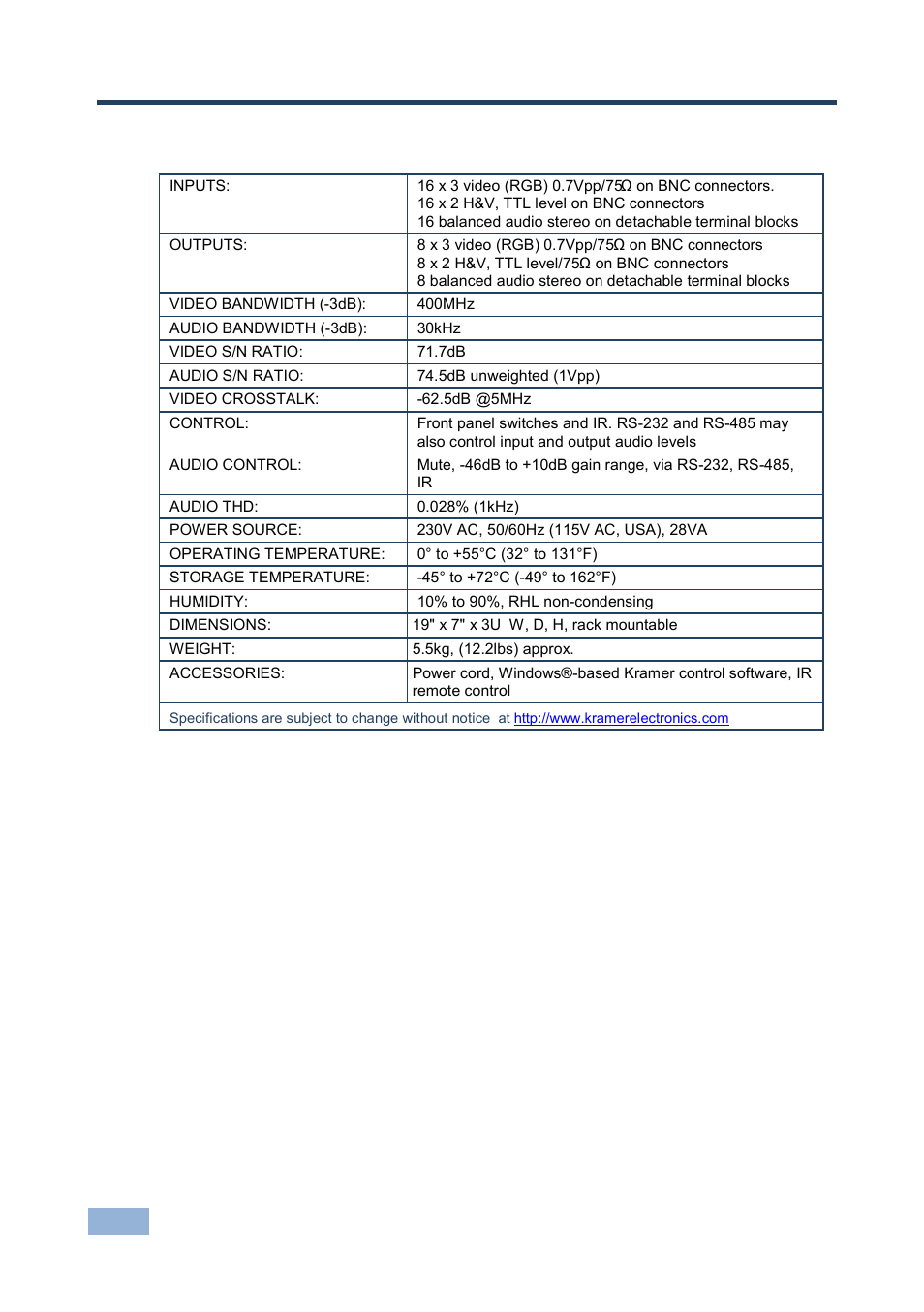 9 technical specifications, Technical specifications, 9technical specifications | Kramer Electronics VP-1608 User Manual | Page 34 / 46