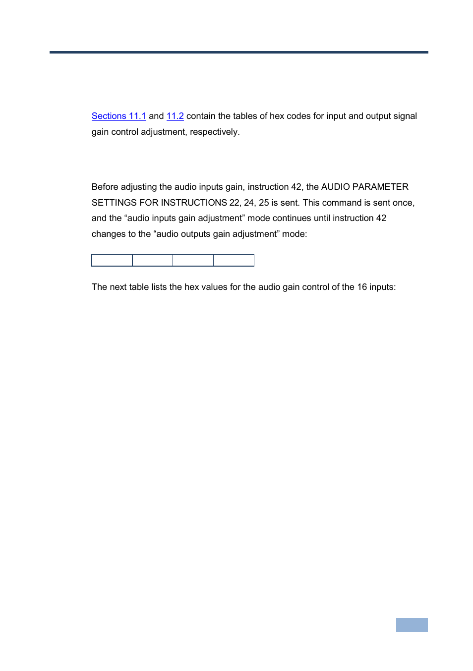 11 hex tables for audio input/output gain control, 1 hex tables for audio input gain control, Hex tables for audio input/output gain control | Hex tables for audio input gain control | Kramer Electronics VP-1608 User Manual | Page 37 / 46