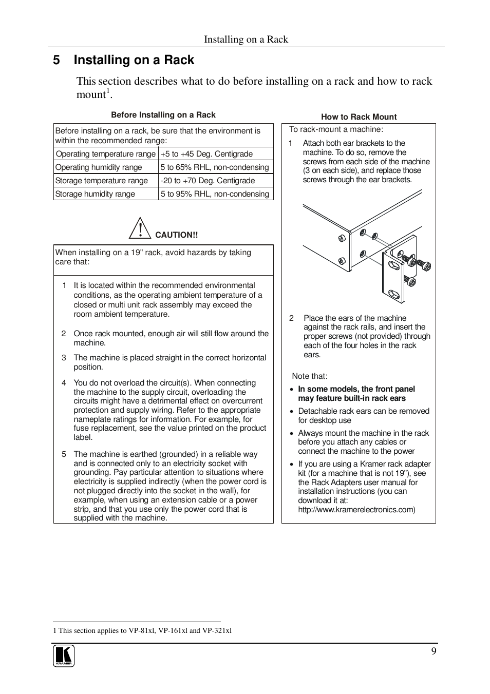 5 installing on a rack, Installing on a rack | Kramer Electronics VP-161xl User Manual | Page 12 / 37