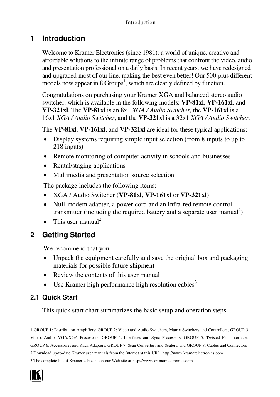 1 introduction, 2 getting started | Kramer Electronics VP-161xl User Manual | Page 4 / 37