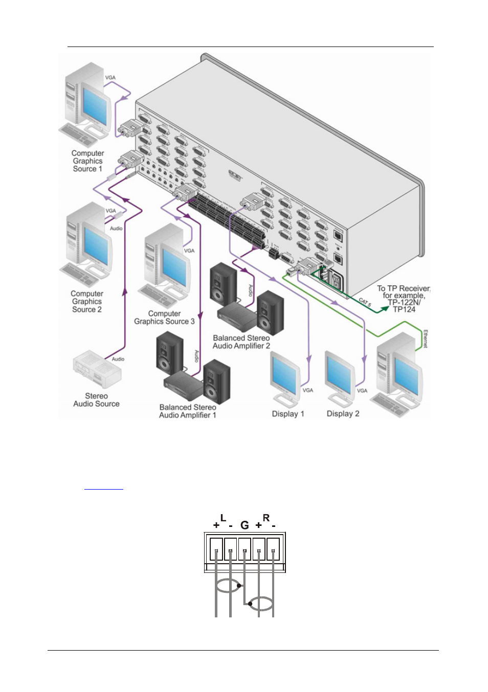 Figure 4: connecting to a balanced acceptor, Section, Figure 3 | Kramer Electronics VP-16x18AK User Manual | Page 18 / 60