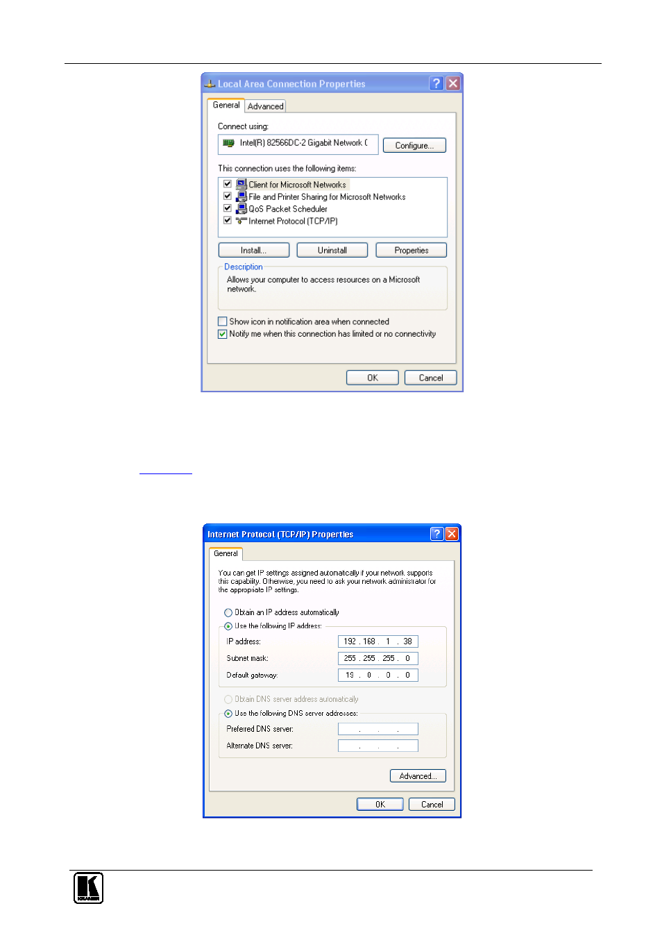 Figure 6: local area connection properties window, Figure 6 | Kramer Electronics VP-16x18AK User Manual | Page 21 / 60