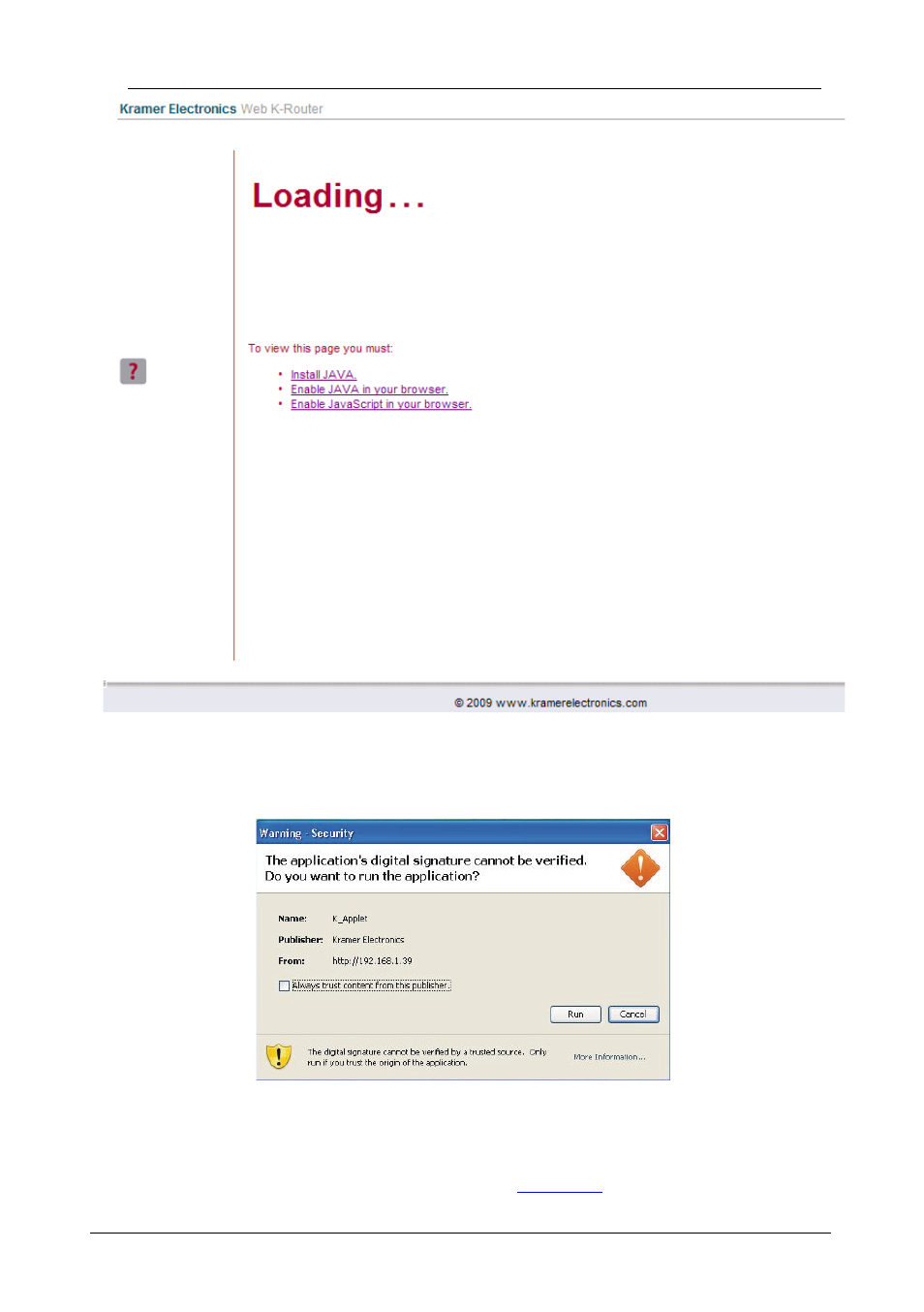 Figure 13: first time security warning | Kramer Electronics VP-16x18AK User Manual | Page 32 / 60