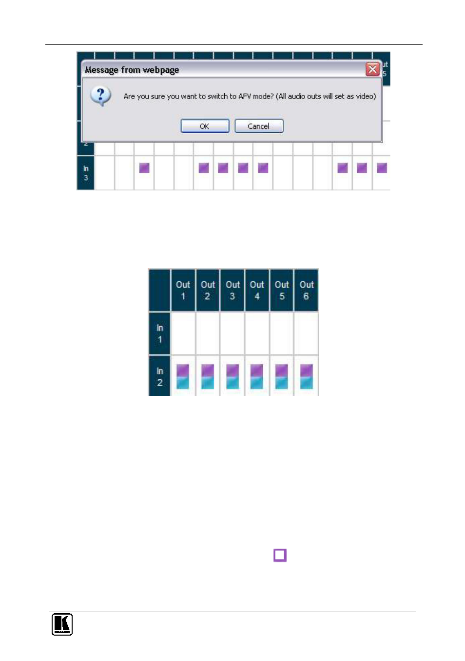 3 operating in the offline mode, Operating in the offline mode, Figure 17: afv mode warning | Figure 18: afv mode audio channels switched, Section | Kramer Electronics VP-16x18AK User Manual | Page 35 / 60