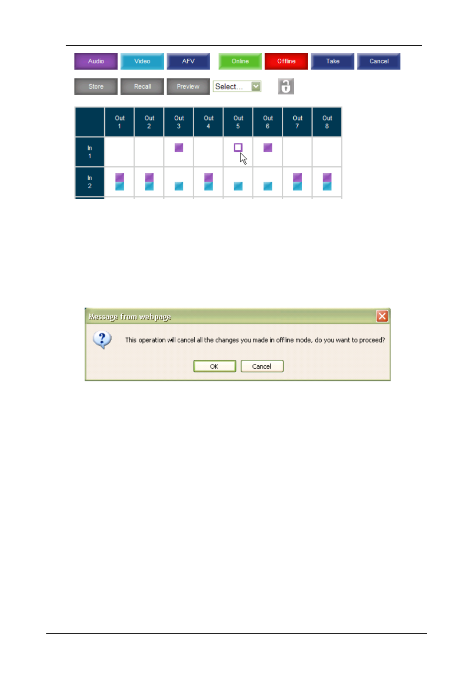 4 storing and recalling setups, Storing and recalling setups, Figure 19: switching audio in the offline mode | Figure 20: exiting offline warning, Section | Kramer Electronics VP-16x18AK User Manual | Page 36 / 60