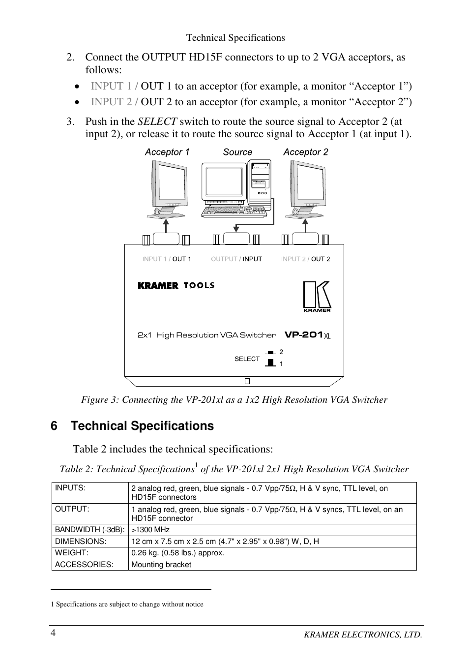 6 technical specifications | Kramer Electronics VP-201xl User Manual | Page 6 / 8