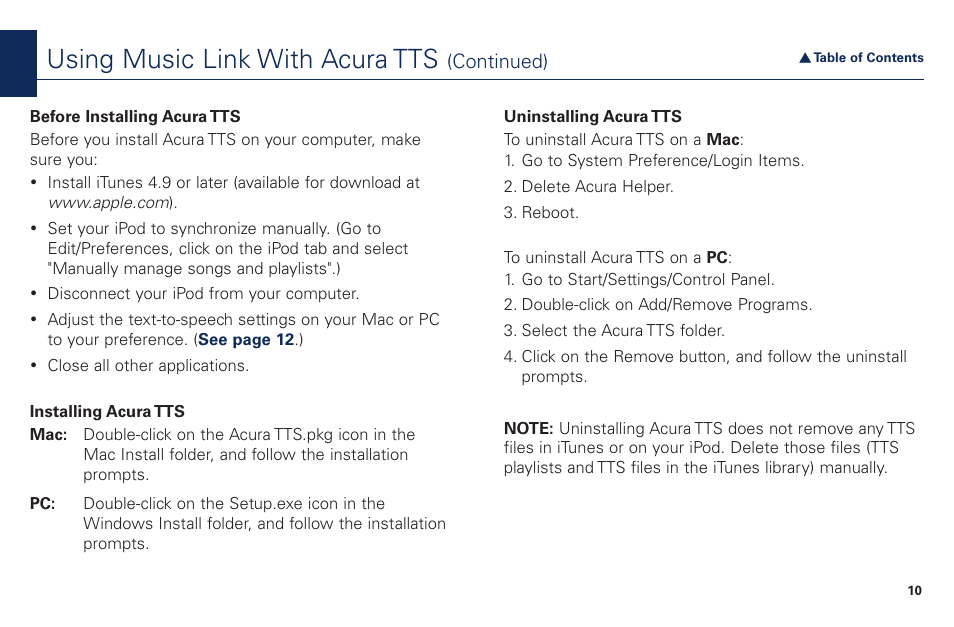 Using music link with acura tts | Acura Music Link BAM30192 User Manual | Page 10 / 21