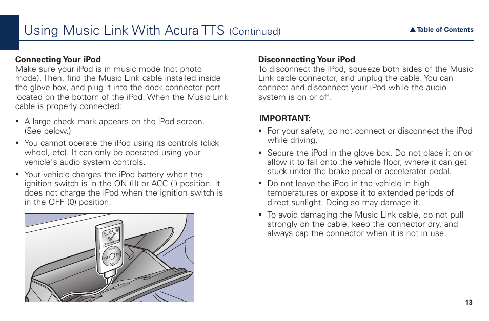 Using music link with acura tts | Acura Music Link BAM30192 User Manual | Page 13 / 21