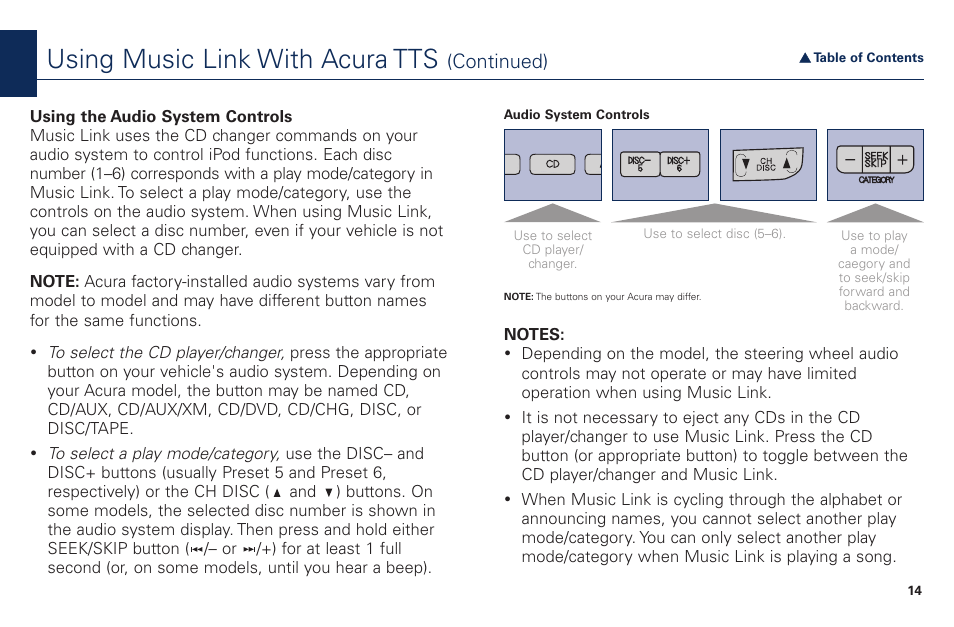 Using music link with acura tts, Continued) | Acura Music Link BAM30192 User Manual | Page 14 / 21