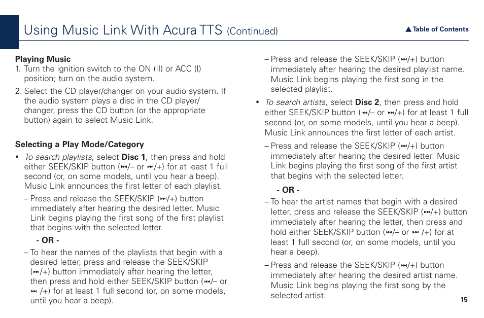 Using music link with acura tts | Acura Music Link BAM30192 User Manual | Page 15 / 21