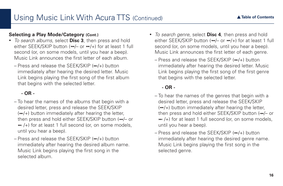 Using music link with acura tts | Acura Music Link BAM30192 User Manual | Page 16 / 21