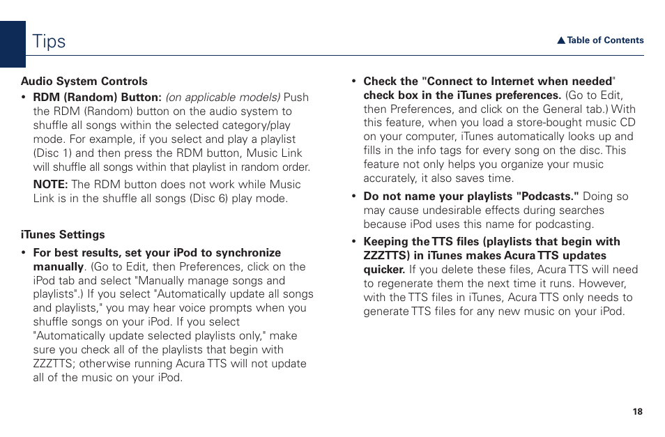 Tips, See the, Tips section | Acura Music Link BAM30192 User Manual | Page 18 / 21