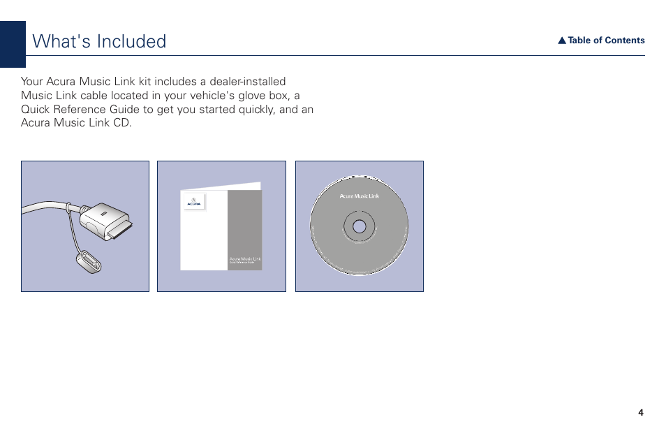 What's included | Acura Music Link BAM30192 User Manual | Page 4 / 21