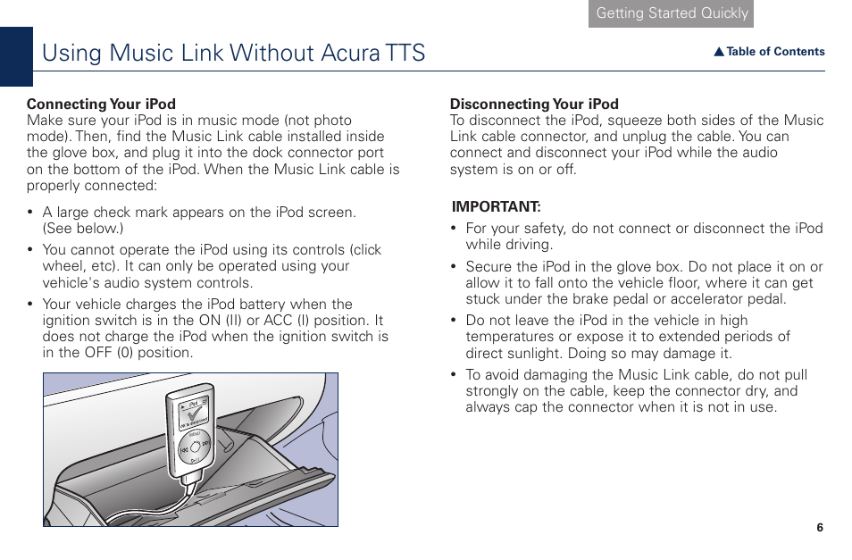 Using music link without acura tts, Using music link without acura tts* section | Acura Music Link BAM30192 User Manual | Page 6 / 21