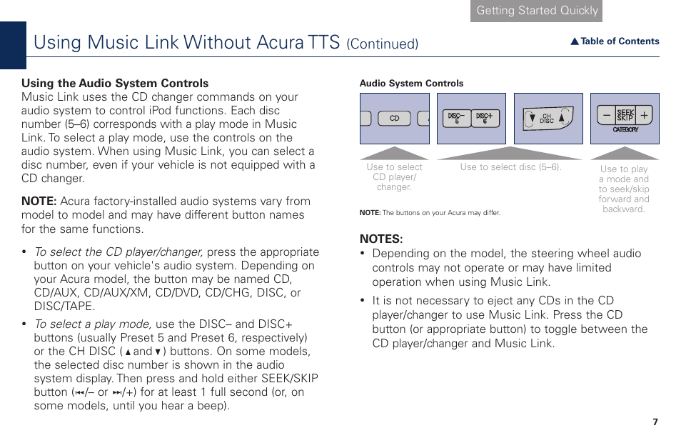 Using music link without acura tts, Continued) | Acura Music Link BAM30192 User Manual | Page 7 / 21