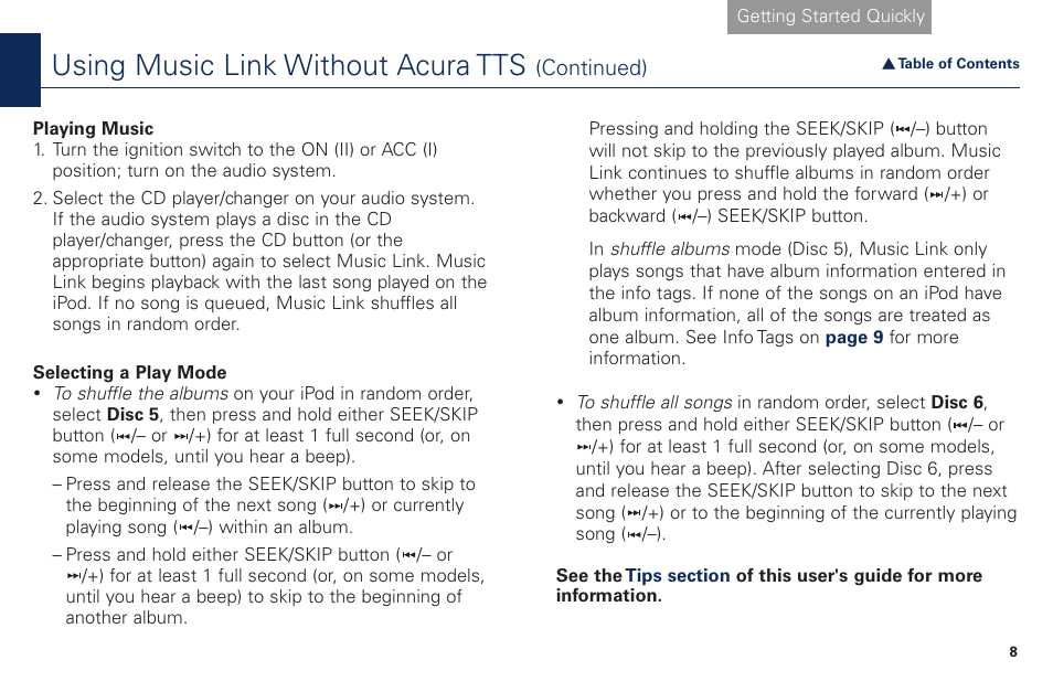 Using music link without acura tts | Acura Music Link BAM30192 User Manual | Page 8 / 21