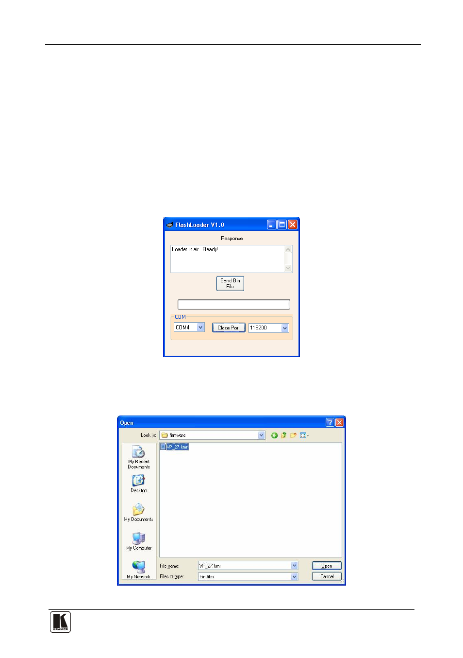 2 connecting the pc to the rs232 port, 3 upgrading firmware, Connecting the pc to the rs-232 port | Upgrading firmware, Figure 5: flashloader window, N 8.3 | Kramer Electronics VP-27 User Manual | Page 16 / 32