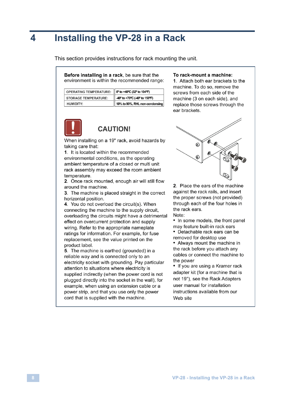 4 installing the vp-28 in a rack, Installing the vp-28 in a rack, 4installing the vp-28 in a rack | Kramer Electronics VP-28 User Manual | Page 12 / 42