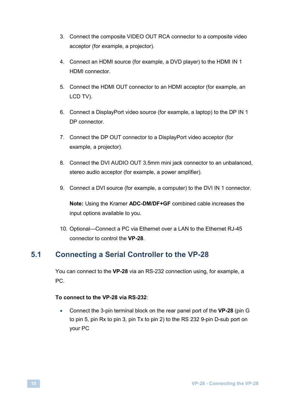 1 connecting a serial controller to the vp-28, Connecting a serial controller to the vp-28, On 5.1 | Kramer Electronics VP-28 User Manual | Page 14 / 42