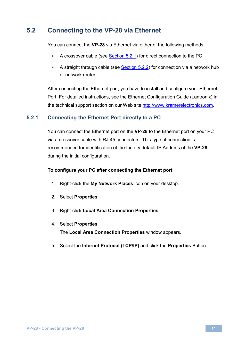 2 connecting to the vp-28 via ethernet, 1 connecting the ethernet port directly to a pc, Connecting to the vp-28 via ethernet | Kramer Electronics VP-28 User Manual | Page 15 / 42