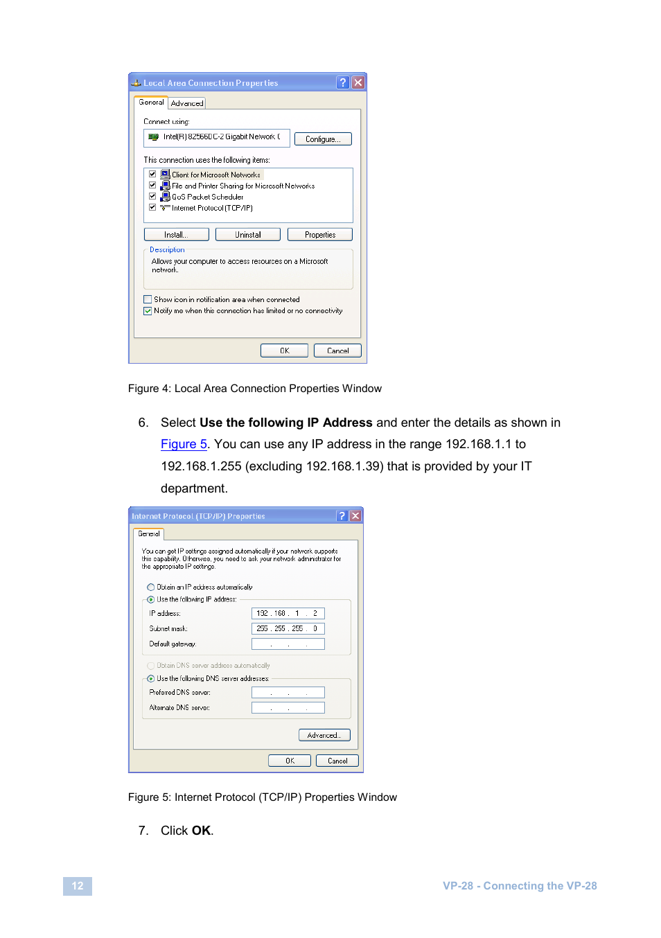 Figure 4: local area connection properties window | Kramer Electronics VP-28 User Manual | Page 16 / 42