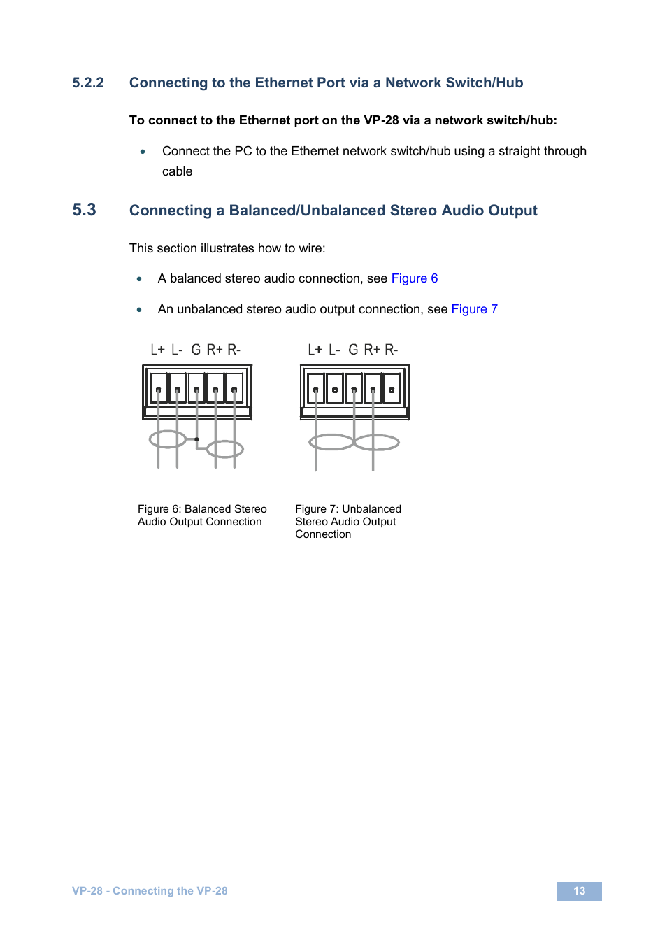 Figure 6: balanced stereo audio output connection, On 5.3, On 5.2.2 | Kramer Electronics VP-28 User Manual | Page 17 / 42