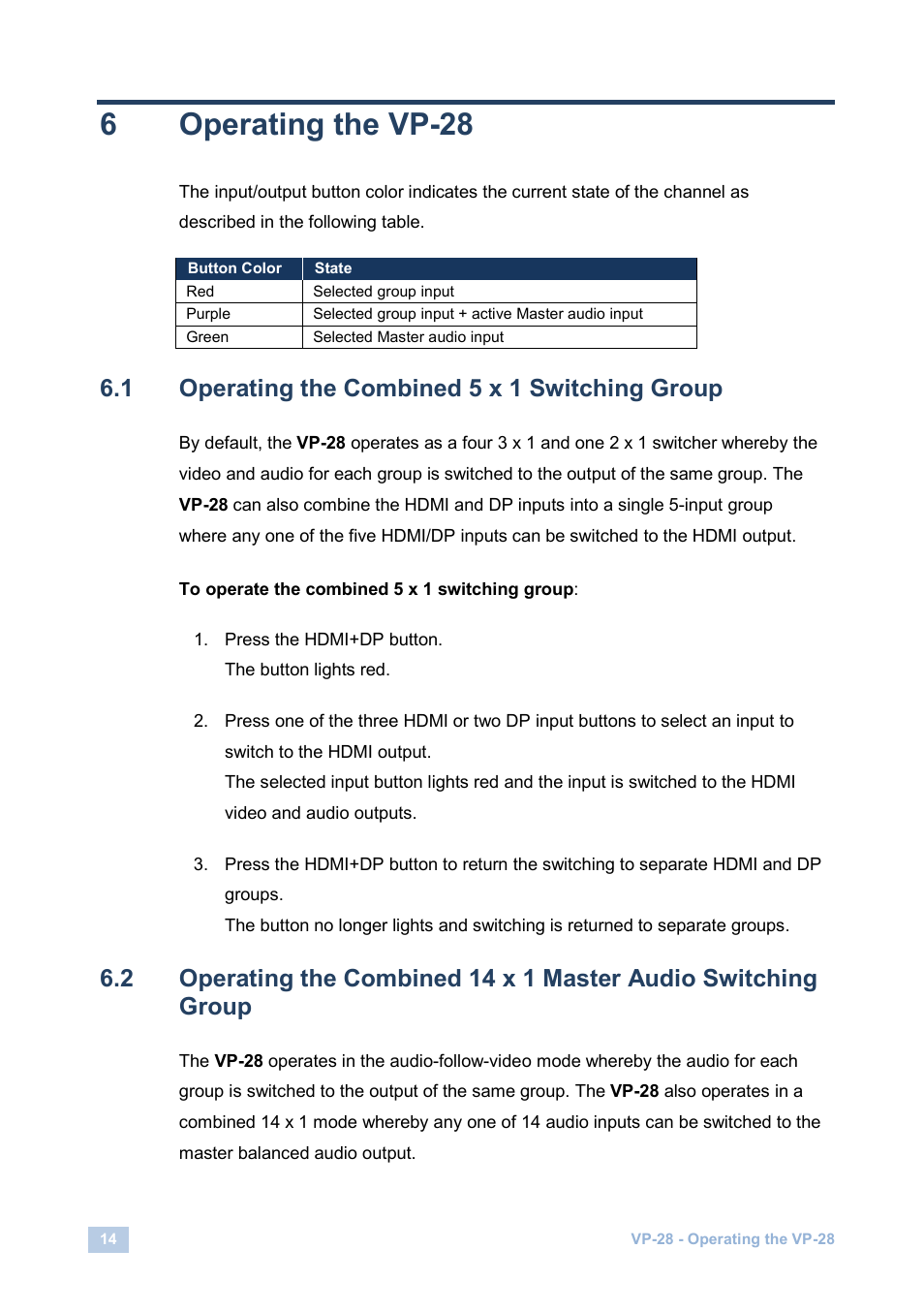 6 operating the vp-28, 1 operating the combined 5 x 1 switching group, Operating the vp-28 | Operating the combined 5 x 1 switching group, N 6.1, N 6.2, 6operating the vp-28 | Kramer Electronics VP-28 User Manual | Page 18 / 42