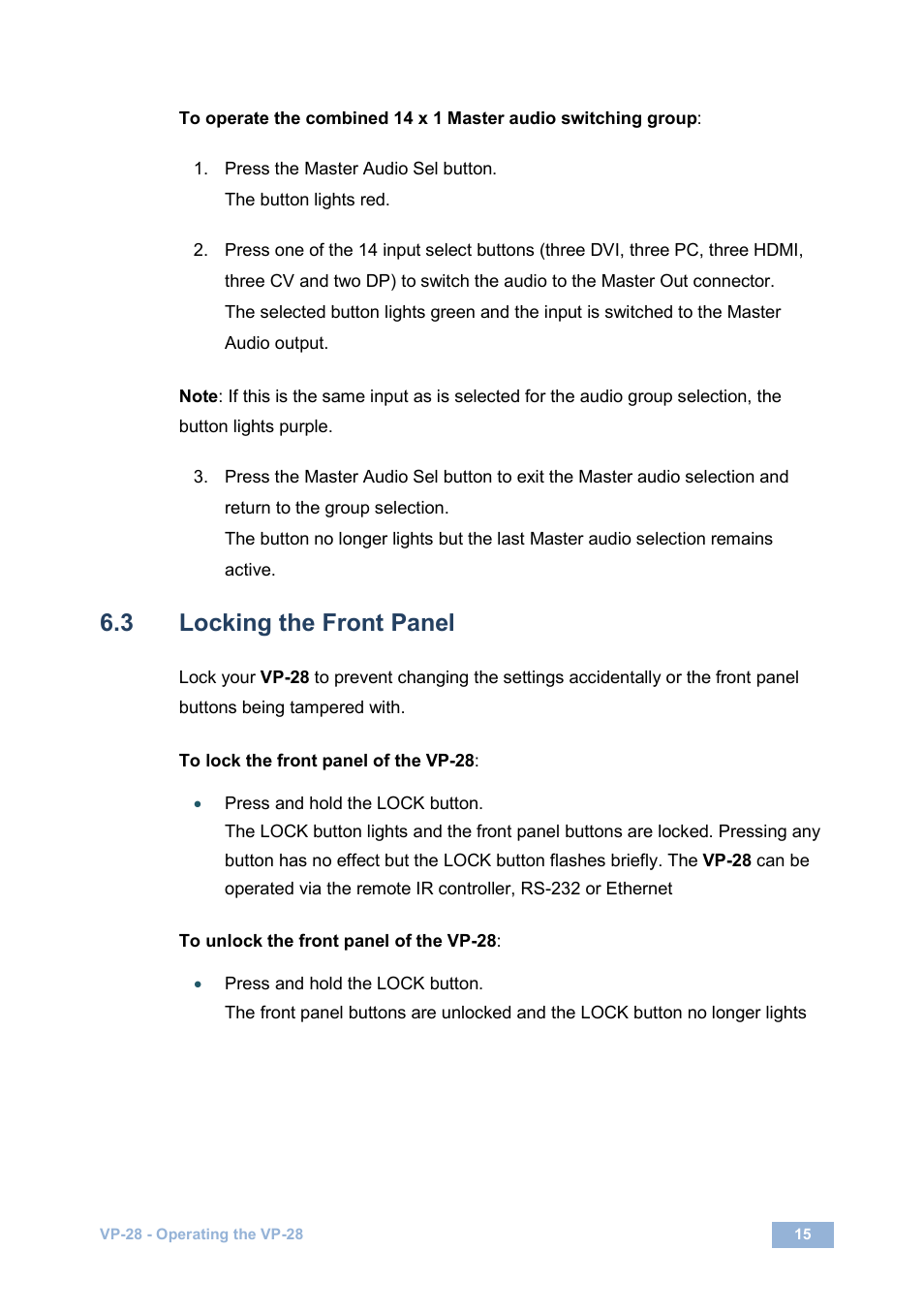3 locking the front panel, Locking the front panel | Kramer Electronics VP-28 User Manual | Page 19 / 42
