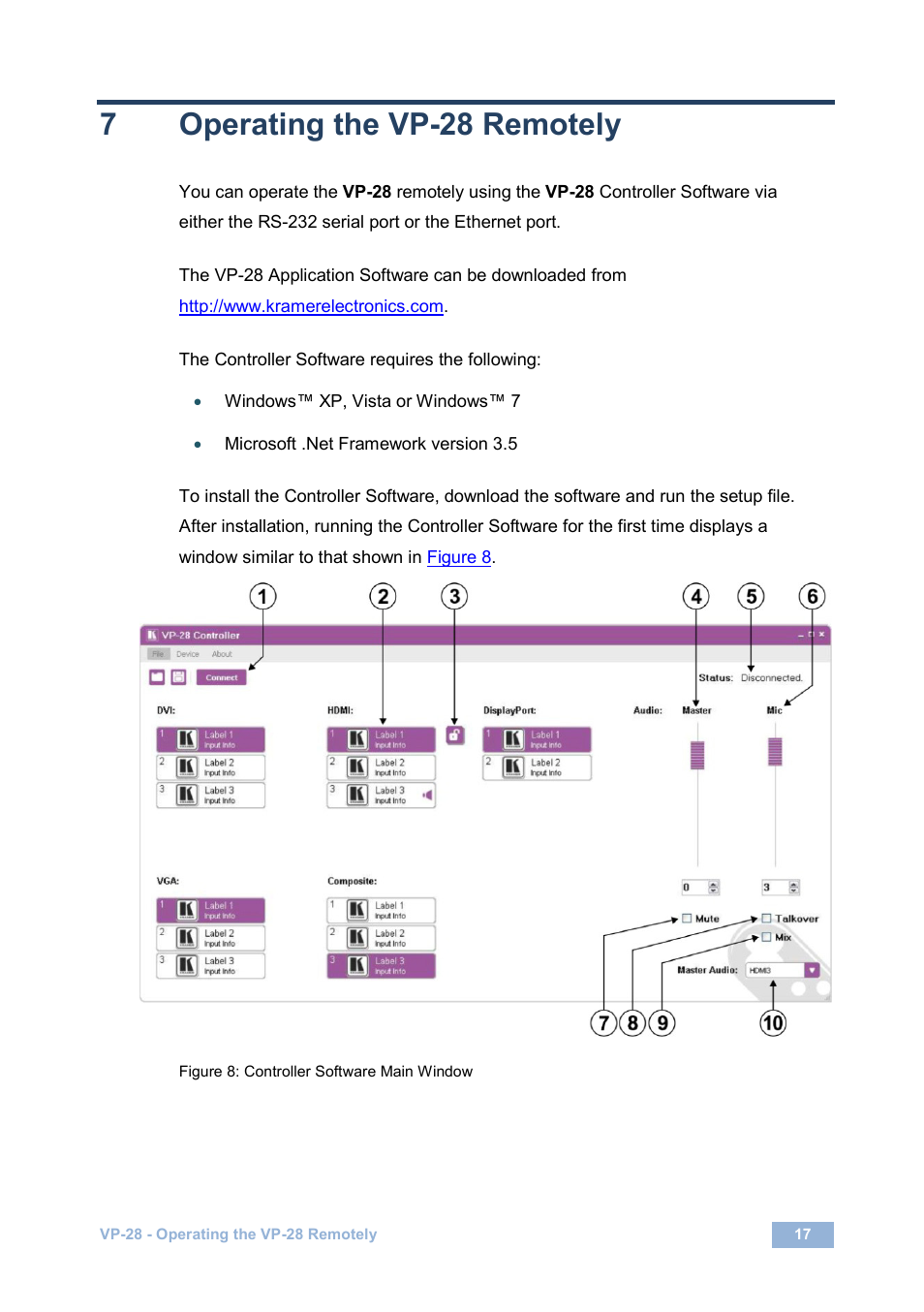 7 operating the vp-28 remotely, Operating the vp-28 remotely, Figure 8: controller software main window | 7operating the vp-28 remotely | Kramer Electronics VP-28 User Manual | Page 21 / 42