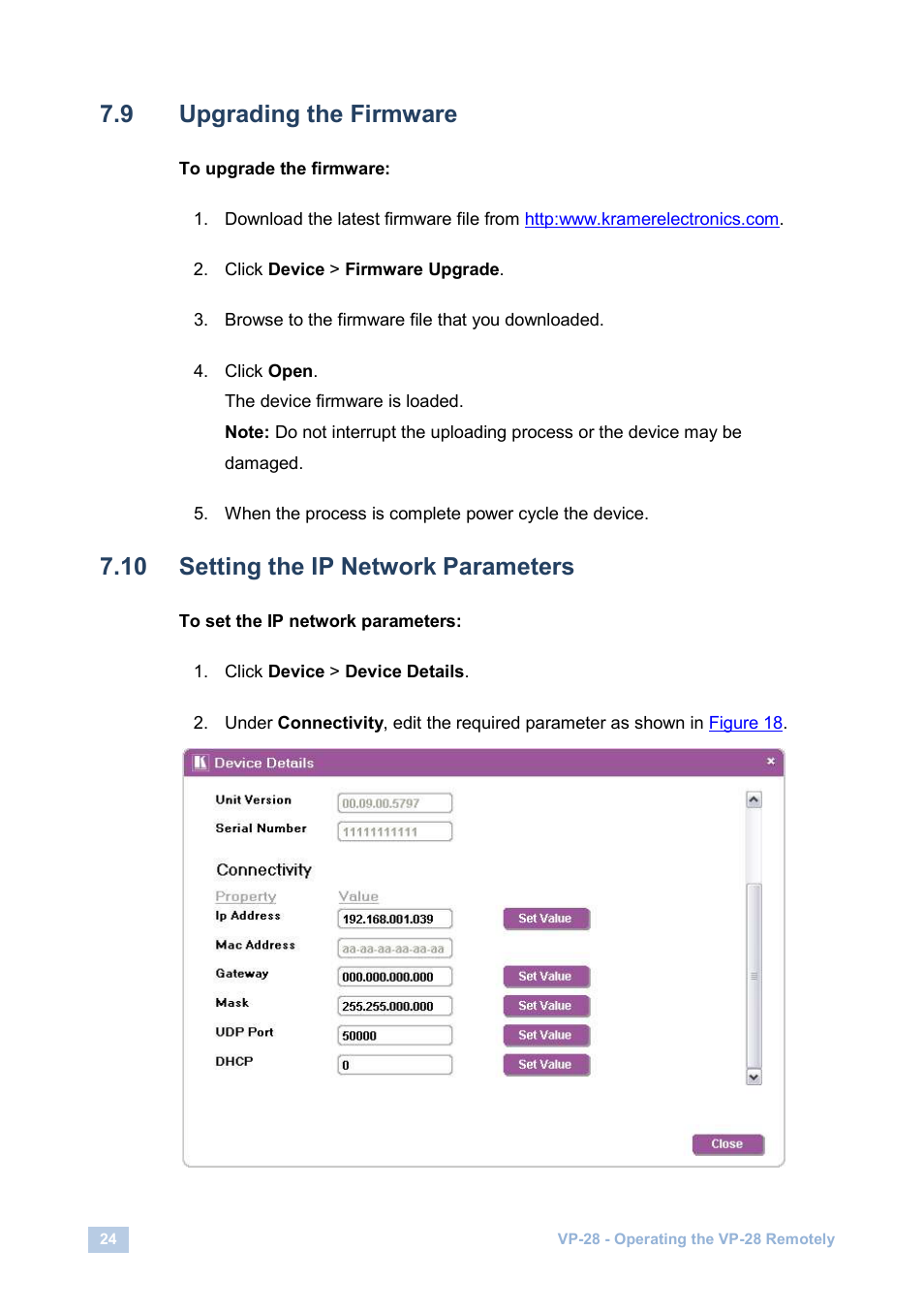 9 upgrading the firmware, 10 setting the ip network parameters, Upgrading the firmware | Setting the ip network parameters | Kramer Electronics VP-28 User Manual | Page 28 / 42