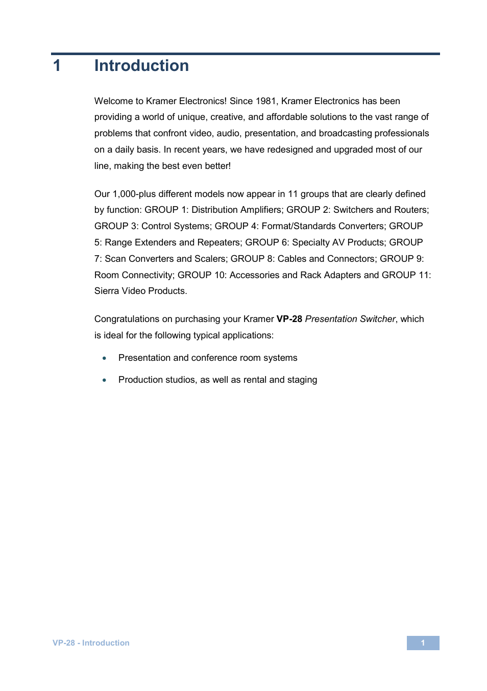 1 introduction, Introduction, 1introduction | Kramer Electronics VP-28 User Manual | Page 5 / 42