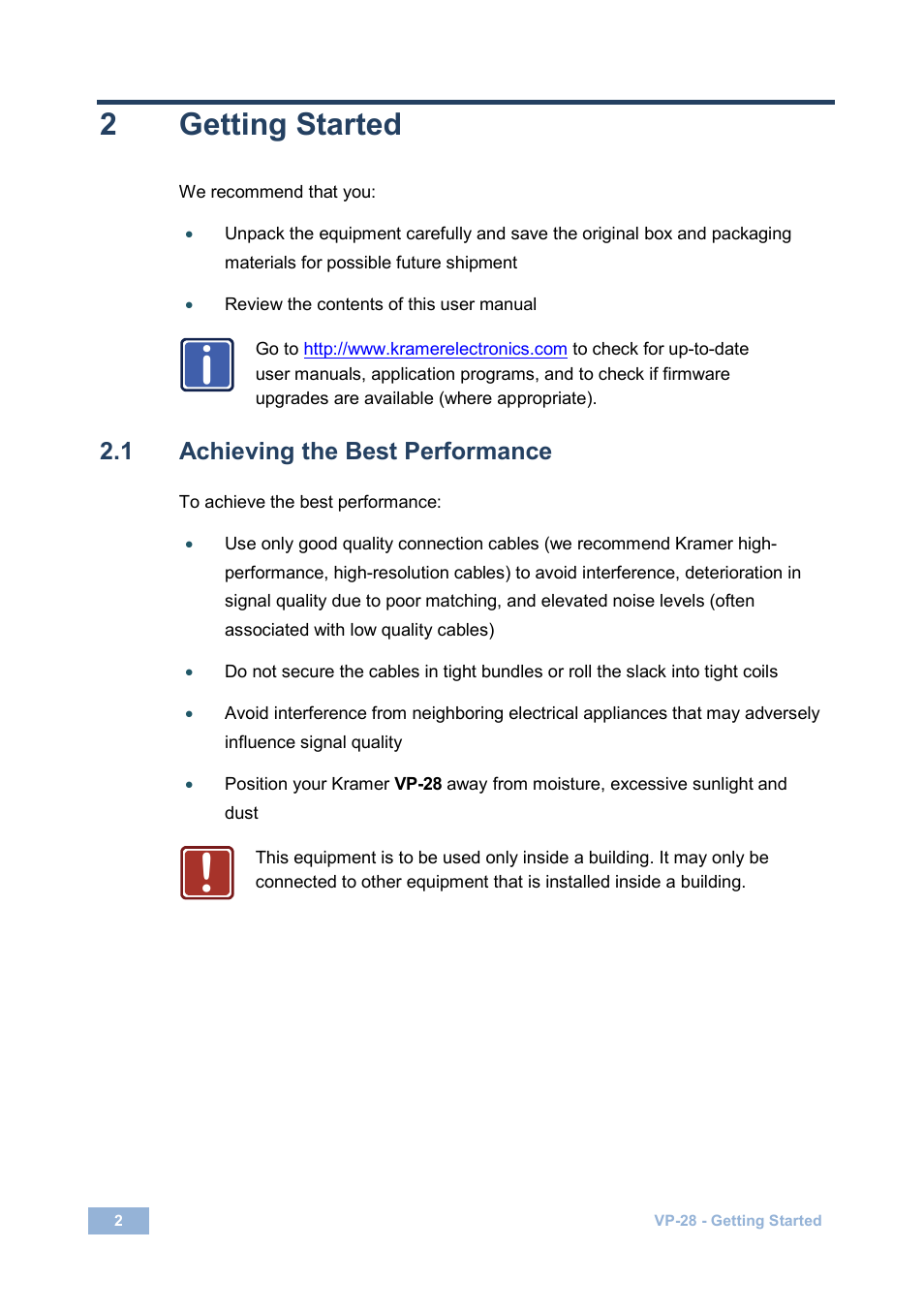 2 getting started, 1 achieving the best performance, Getting started | Achieving the best performance, 2getting started | Kramer Electronics VP-28 User Manual | Page 6 / 42