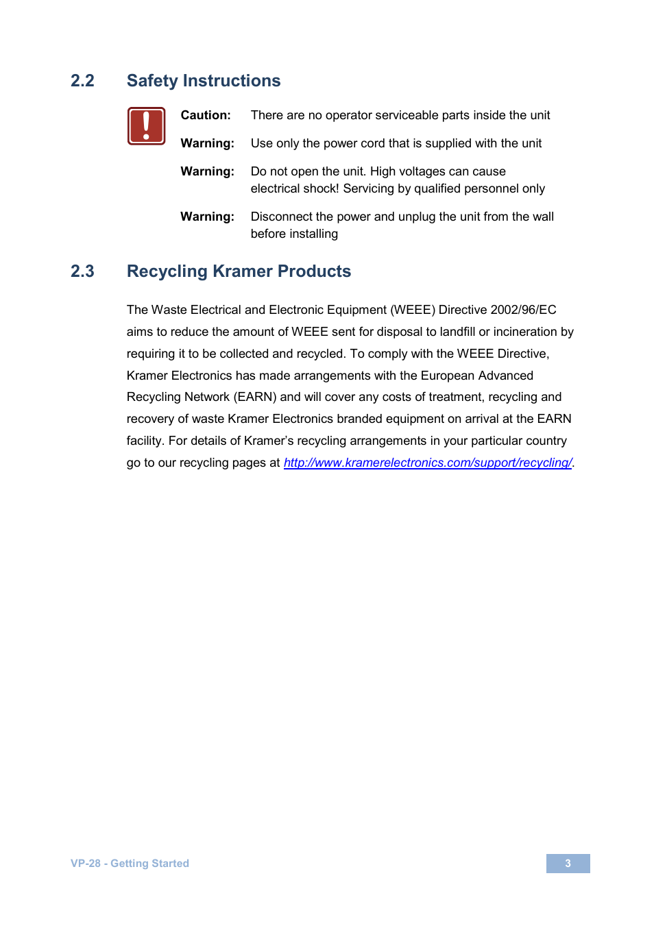 2 safety instructions, 3 recycling kramer products, Safety instructions | Recycling kramer products | Kramer Electronics VP-28 User Manual | Page 7 / 42