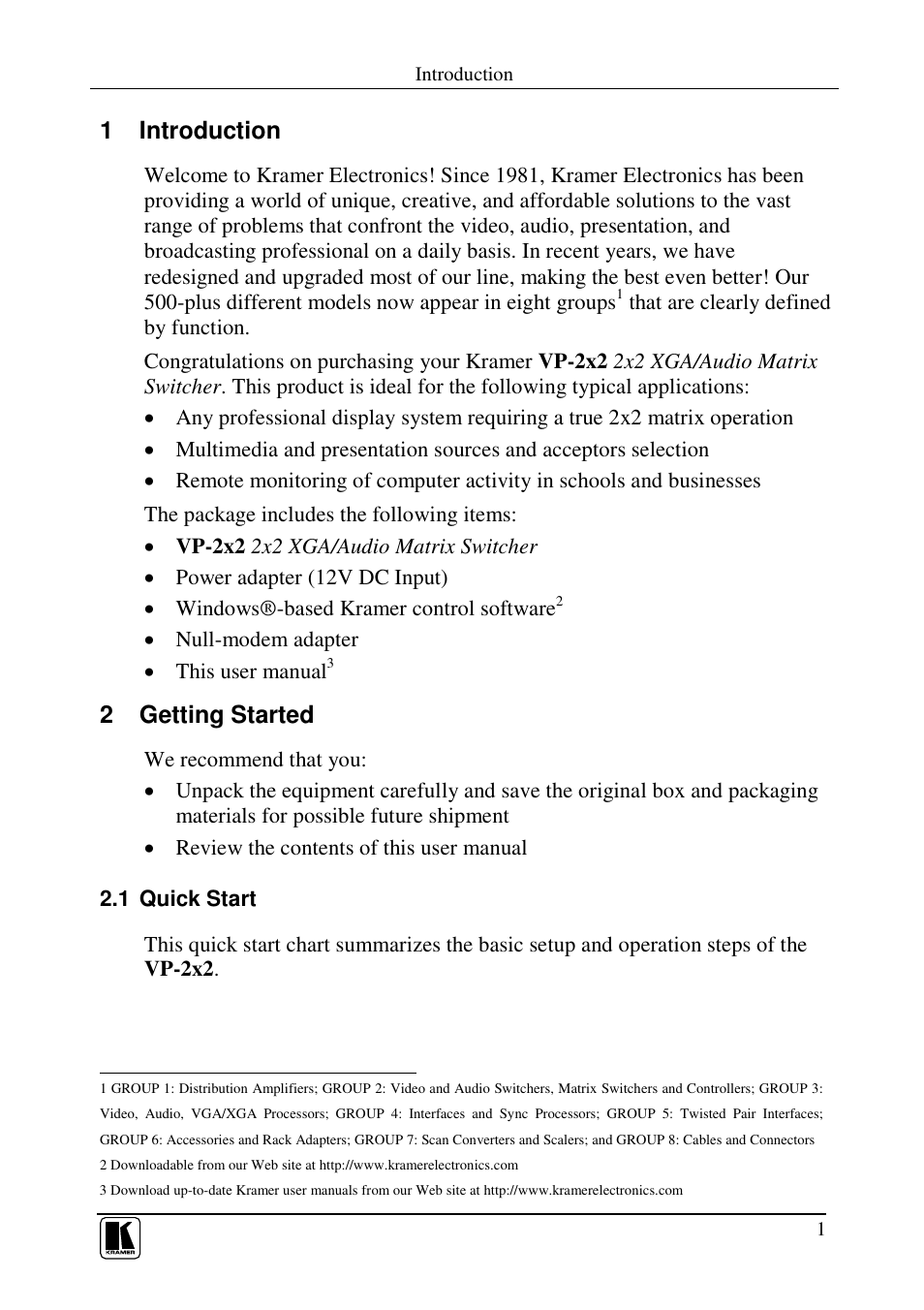 1 introduction, 2 getting started | Kramer Electronics VP-2x2 User Manual | Page 3 / 17