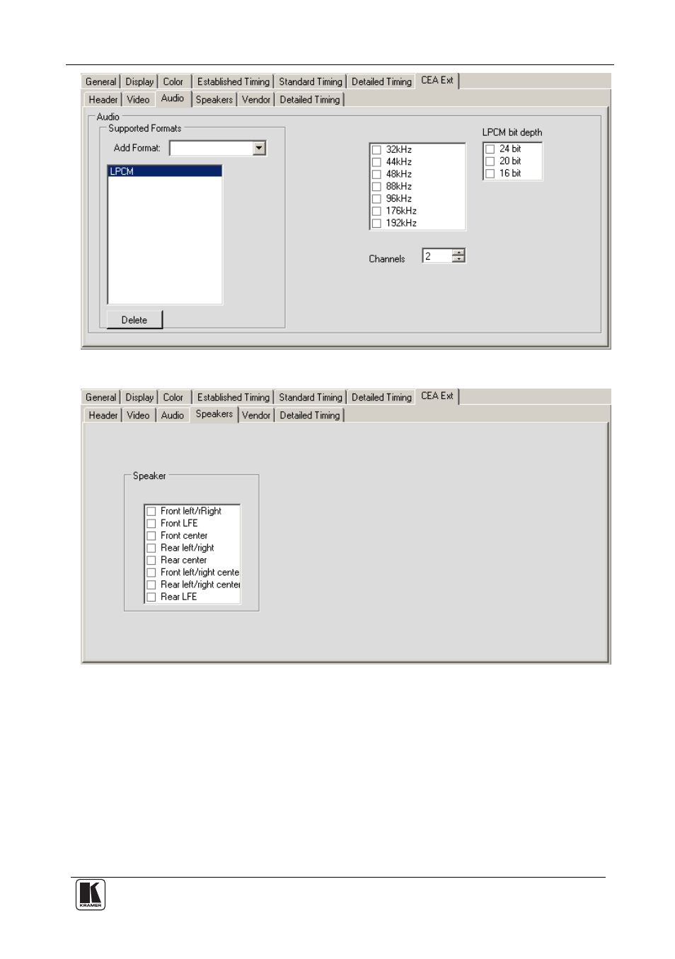 Figure 16: edid designer – cea ext audio tab, Figure 17: edid designer – cea ext speakers tab, Figure 16 | Figure 17 | Kramer Electronics VP-81KSi User Manual | Page 15 / 16