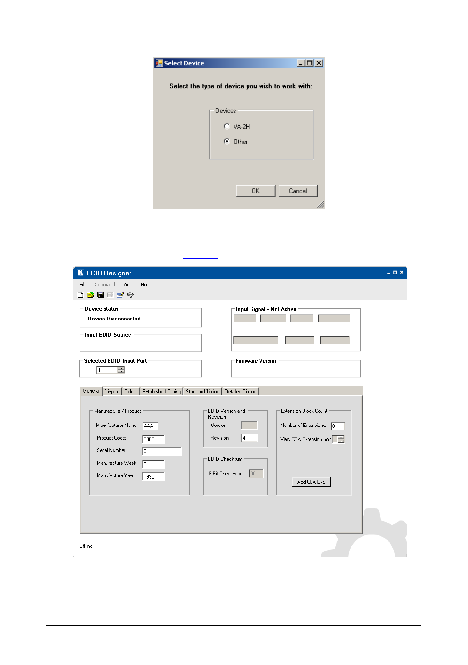 Figure 1: device selection window, Figure 2: edid designer main window | Kramer Electronics VP-81KSi User Manual | Page 4 / 16