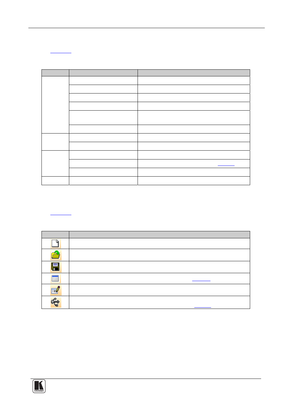 1 menu commands, 2 toolbar buttons, Menu commands | Toolbar buttons, Table 1: edid designer menu items, Table 2: edid designer toolbar buttons, See section, Using the edid designer | Kramer Electronics VP-81KSi User Manual | Page 7 / 16