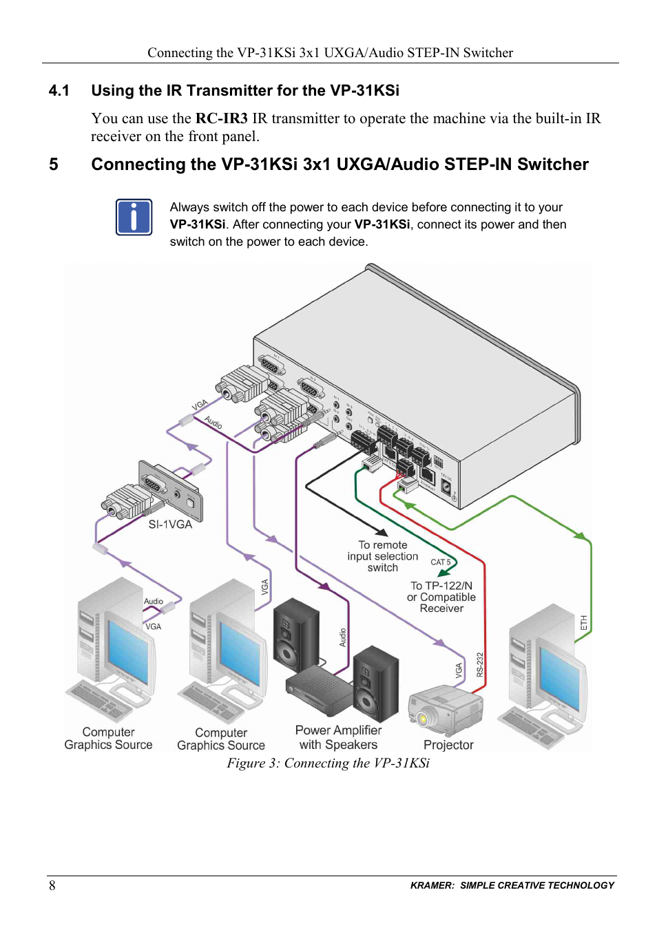 1 using the ir transmitter for the vp-31ksi, Using the ir transmitter for the vp-31ksi, Figure 3: connecting the vp-31ksi | Figure 3 | Kramer Electronics VP-31KSi User Manual | Page 12 / 48