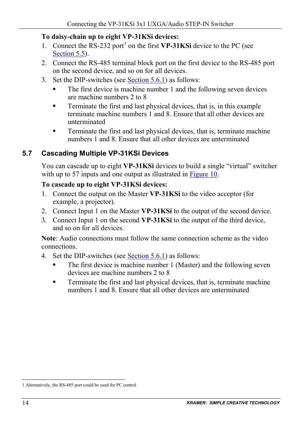 7 cascading multiple vp-31ksi devices, Cascading multiple vp-31ksi devices | Kramer Electronics VP-31KSi User Manual | Page 18 / 48