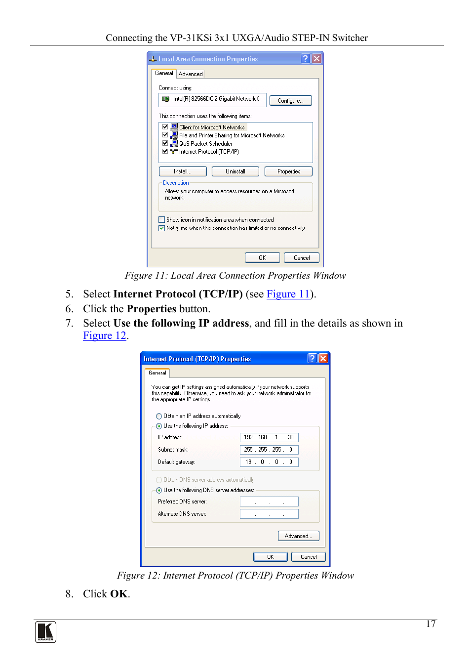 Figure 11: local area connection properties window | Kramer Electronics VP-31KSi User Manual | Page 21 / 48