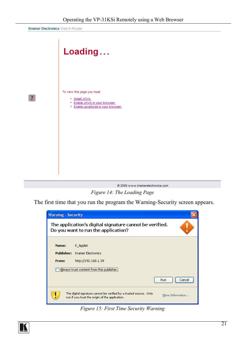 Figure 15: first time security warning | Kramer Electronics VP-31KSi User Manual | Page 25 / 48