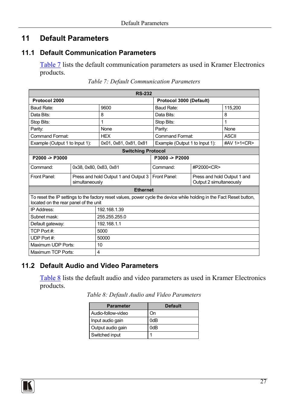 11 default parameters, 1 default communication parameters, 2 default audio and video parameters | Default parameters, Default communication parameters, Default audio and video parameters, Table 7: default communication parameters, Table 8: default audio and video parameters, On 11, Table 7 | Kramer Electronics VP-31KSi User Manual | Page 31 / 48