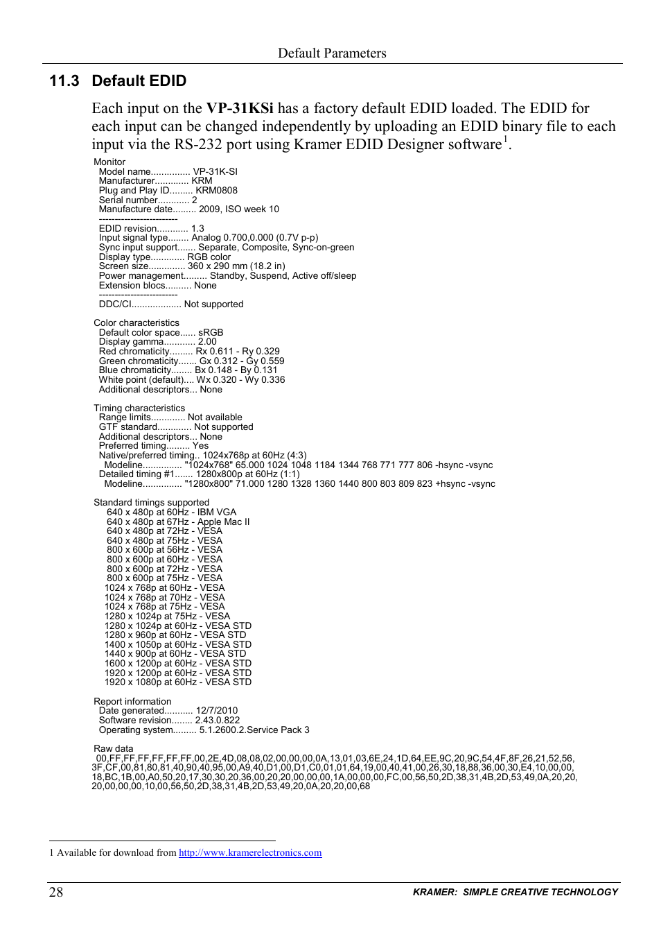 3 default edid, Default edid, Default parameters | Kramer Electronics VP-31KSi User Manual | Page 32 / 48