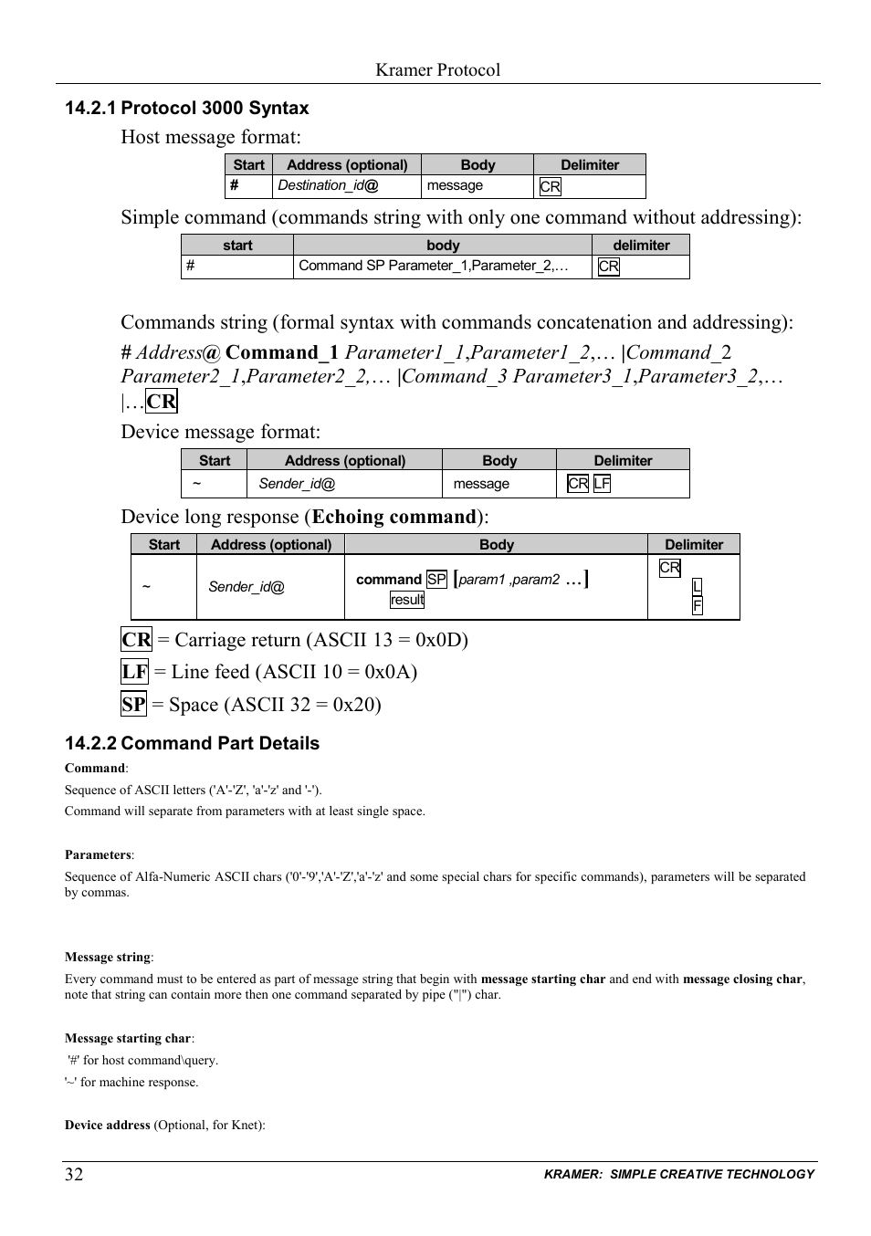 1 protocol 3000 syntax, 2 command part details, Protocol 3000 syntax | Command part details, Host message format, Device long response ( echoing command ) | Kramer Electronics VP-31KSi User Manual | Page 36 / 48