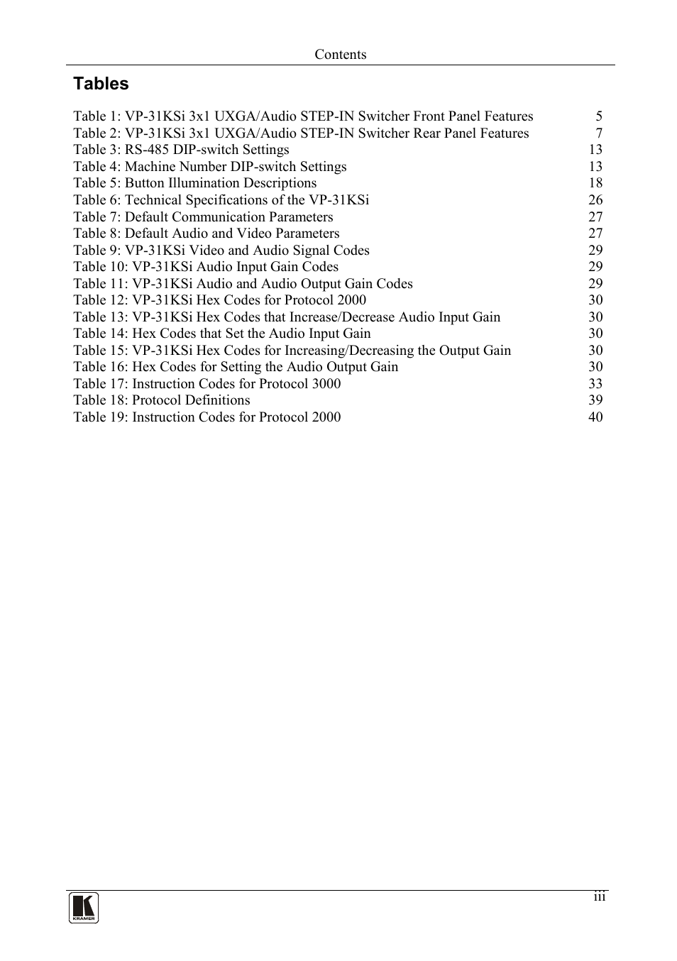 Tables | Kramer Electronics VP-31KSi User Manual | Page 4 / 48