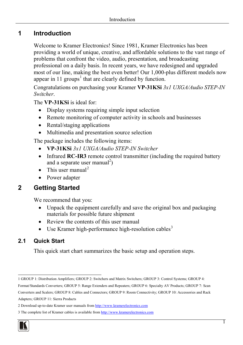 1 introduction, 2 getting started, 1 quick start | Introduction, Getting started, Quick start, 1introduction, 2getting started | Kramer Electronics VP-31KSi User Manual | Page 5 / 48