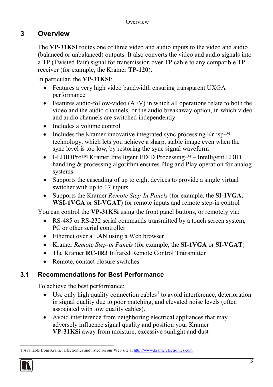 3 overview, 1 recommendations for best performance, Overview | Recommendations for best performance, 3overview | Kramer Electronics VP-31KSi User Manual | Page 7 / 48